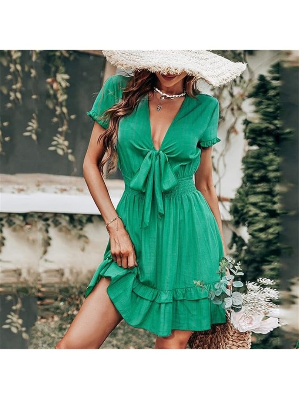 Green Deep V-Neck Ruffle Mini Dress Womens Size Medium Sexy Front Tie NEW